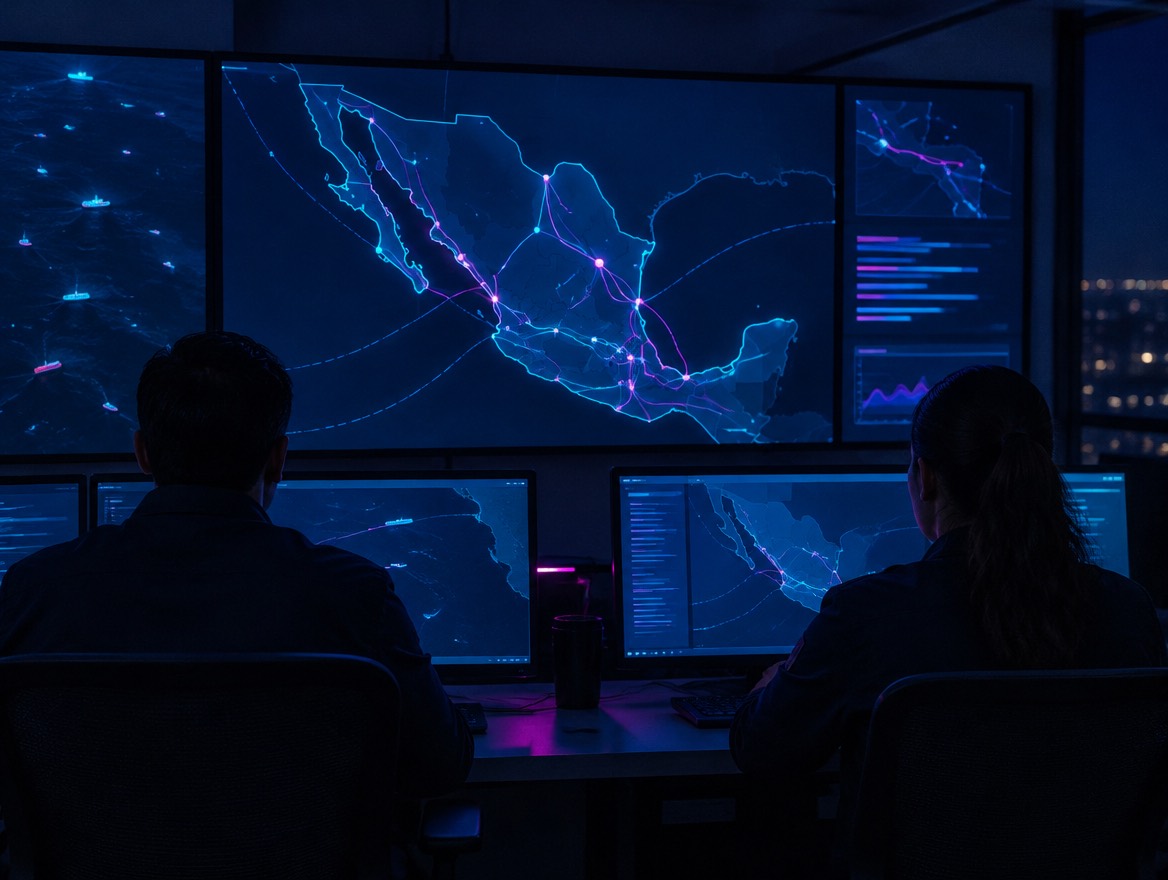 Centro de monitoreo con mapas de rutas en pantalla